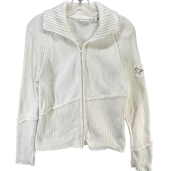 DKNY Y2K Sweater Jacket Womens M Cream Ribbed Full Zip Turtle Neck Classic Retro - Picture 3 of 15